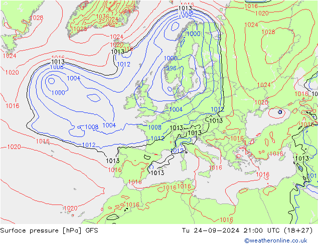 Surface pressure GFS Tu 24.09.2024 21 UTC