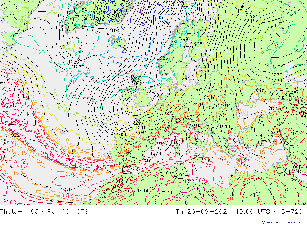 Theta-e 850гПа GFS чт 26.09.2024 18 UTC