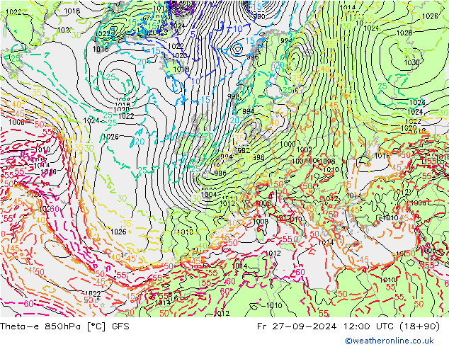 Theta-e 850hPa GFS Pá 27.09.2024 12 UTC