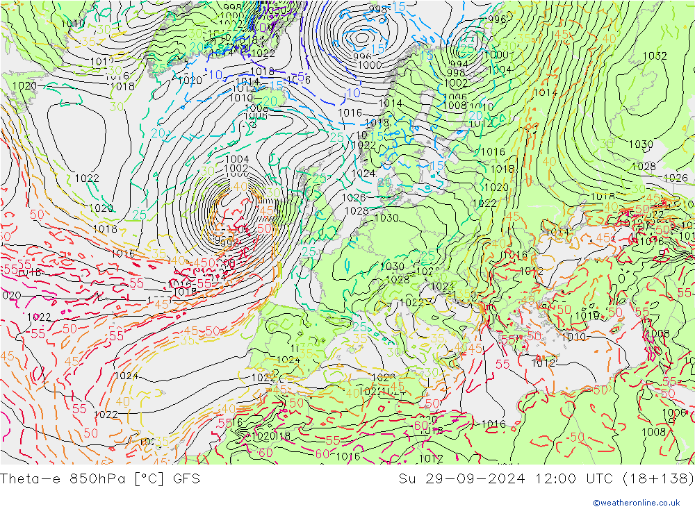 Theta-e 850hPa GFS Paz 29.09.2024 12 UTC