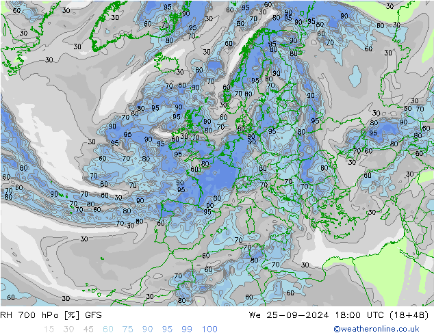 RH 700 hPa GFS We 25.09.2024 18 UTC