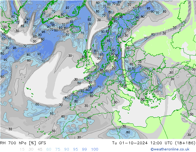 RH 700 hPa GFS Tu 01.10.2024 12 UTC