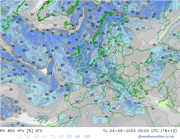 RH 850 hPa GFS Tu 24.09.2024 06 UTC