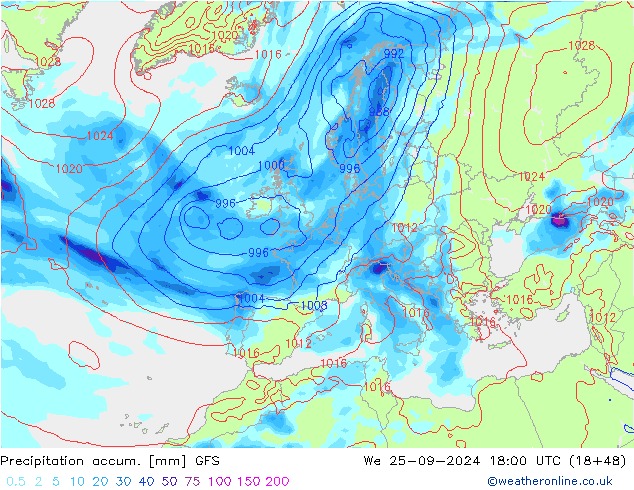 Précipitation accum. GFS mer 25.09.2024 18 UTC