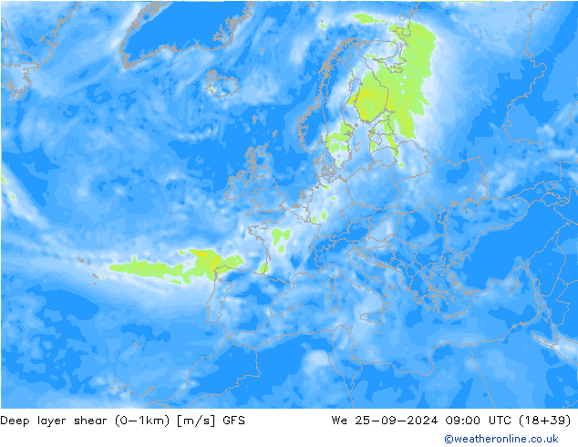 Deep layer shear (0-1km) GFS śro. 25.09.2024 09 UTC