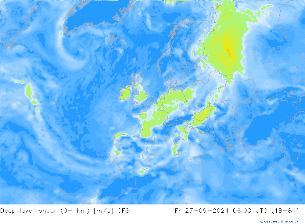 Deep layer shear (0-1km) GFS пт 27.09.2024 06 UTC