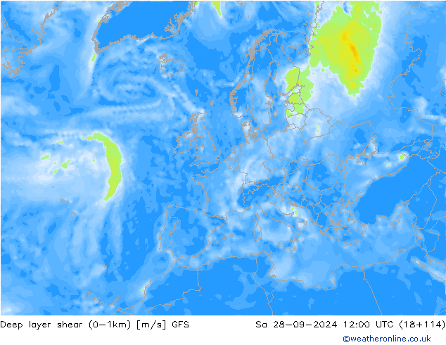 Deep layer shear (0-1km) GFS  28.09.2024 12 UTC