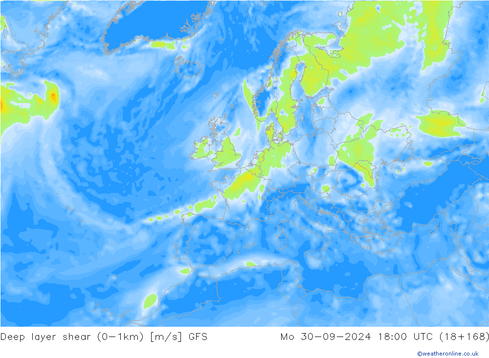 Deep layer shear (0-1km) GFS Seg 30.09.2024 18 UTC