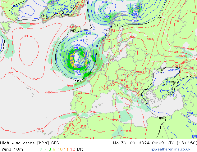 High wind areas GFS Mo 30.09.2024 00 UTC