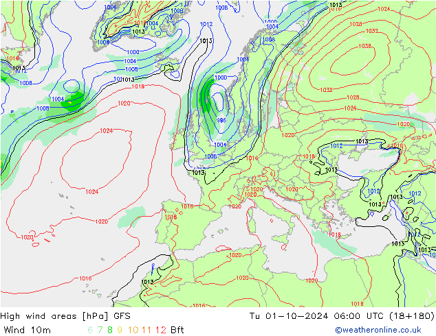 High wind areas GFS  01.10.2024 06 UTC