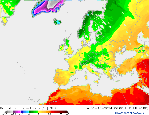 Temp. al suolo (0-10cm) GFS mar 01.10.2024 06 UTC