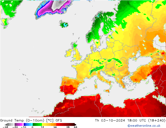 temp. mín./solo (0-10cm) GFS Qui 03.10.2024 18 UTC