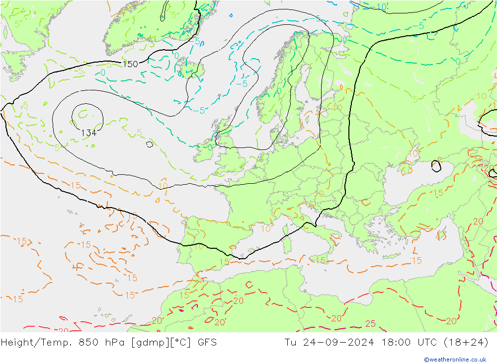 Z500/Yağmur (+YB)/Z850 GFS Sa 24.09.2024 18 UTC