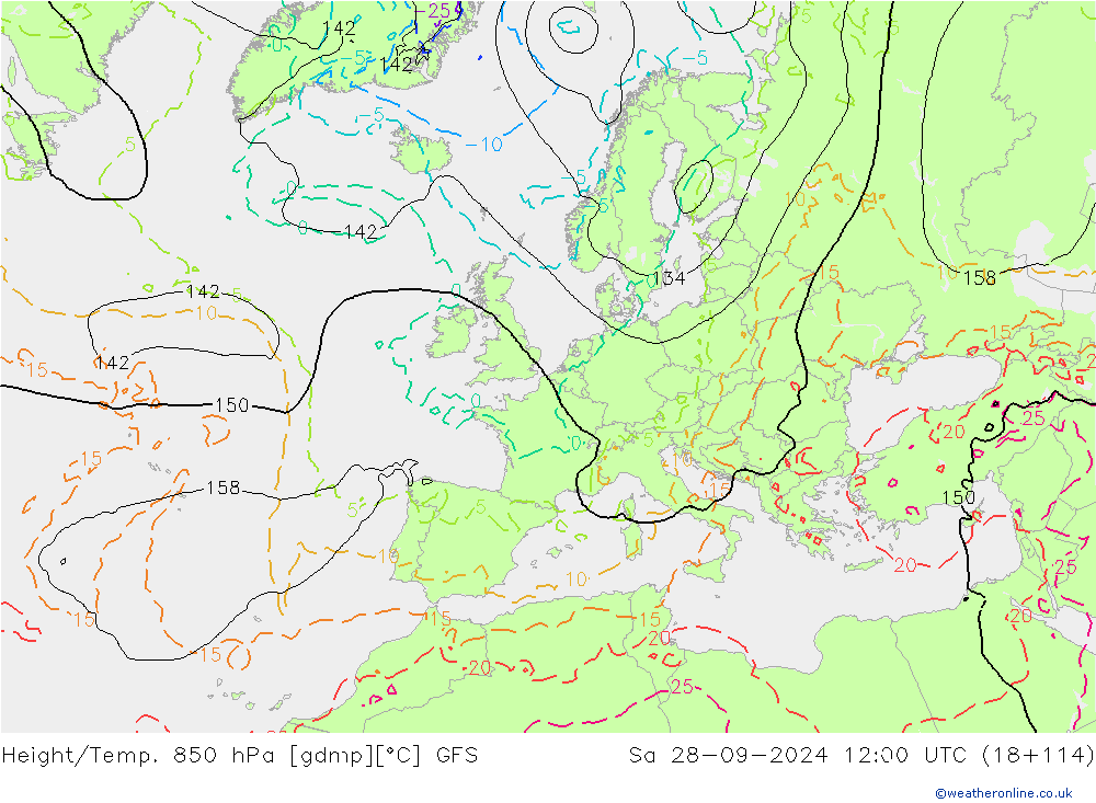 Height/Temp. 850 гПа GFS сб 28.09.2024 12 UTC