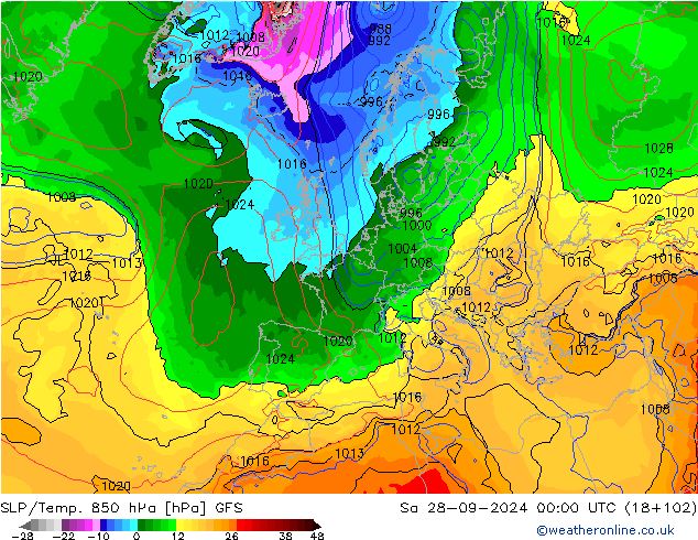 SLP/Temp. 850 hPa GFS Sa 28.09.2024 00 UTC