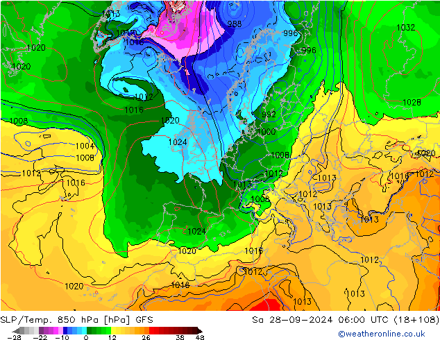 SLP/Temp. 850 hPa GFS sab 28.09.2024 06 UTC