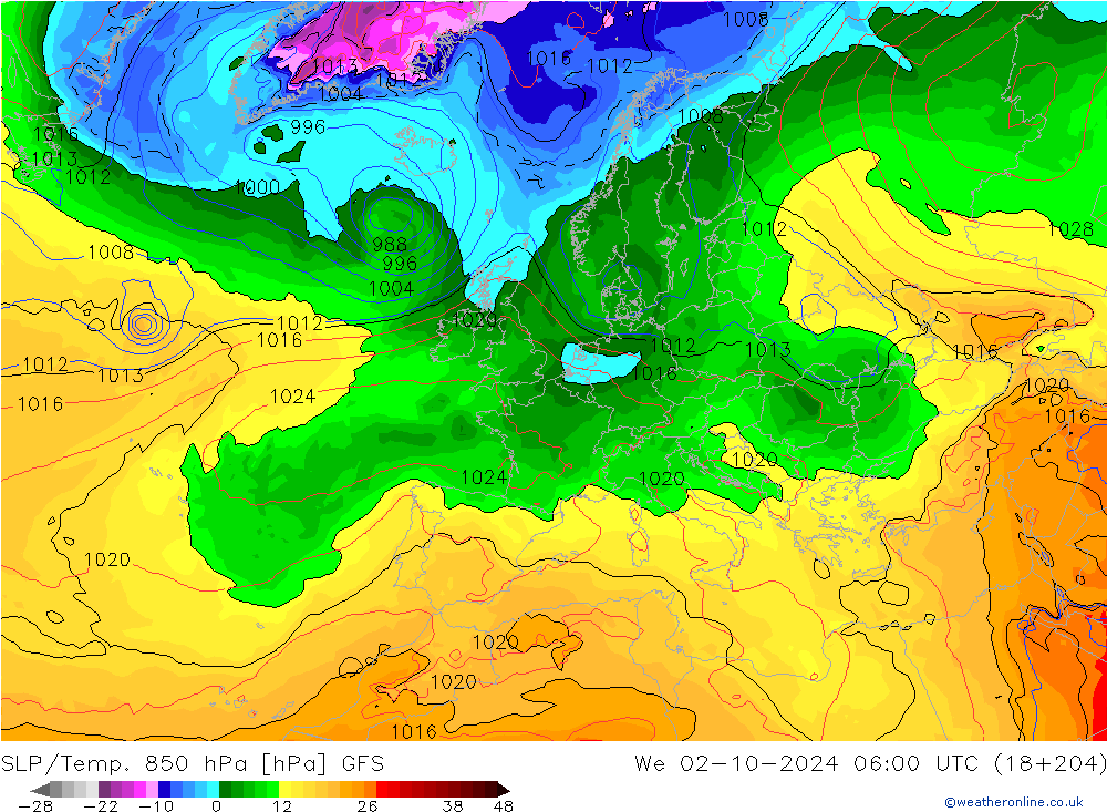 SLP/Temp. 850 гПа GFS ср 02.10.2024 06 UTC