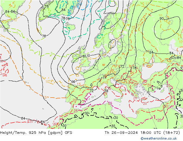 Height/Temp. 925 гПа GFS чт 26.09.2024 18 UTC