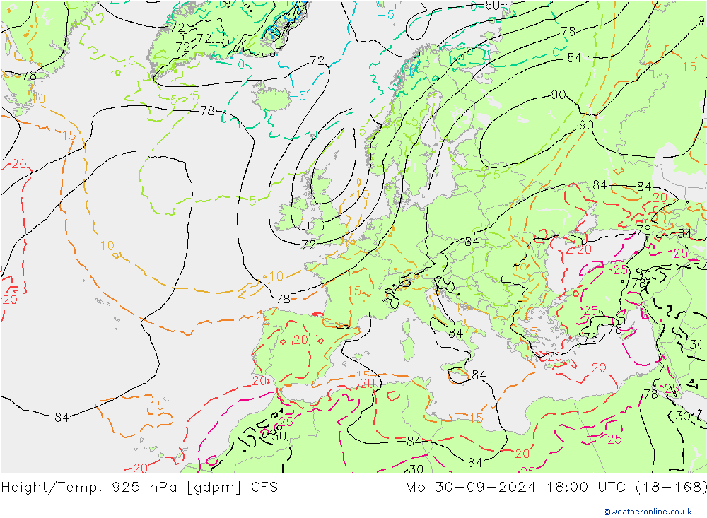 Height/Temp. 925 hPa GFS Mo 30.09.2024 18 UTC