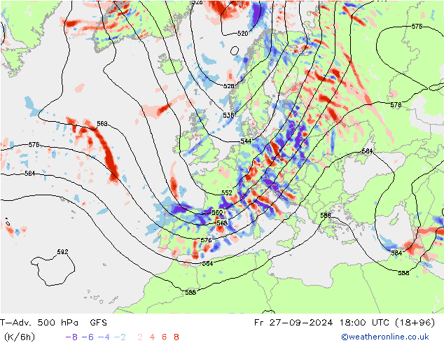 T-Adv. 500 hPa GFS Fr 27.09.2024 18 UTC