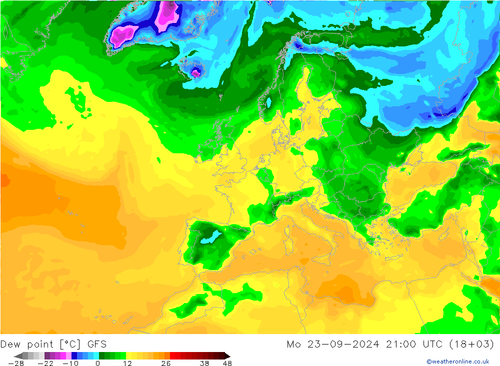 Dew point GFS Mo 23.09.2024 21 UTC