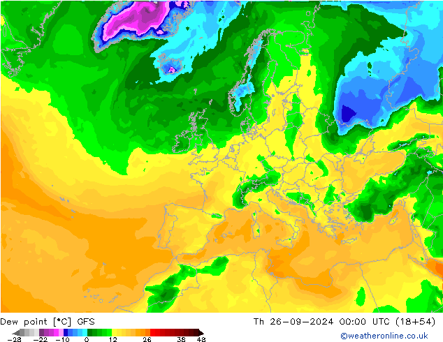 Punto di rugiada GFS gio 26.09.2024 00 UTC