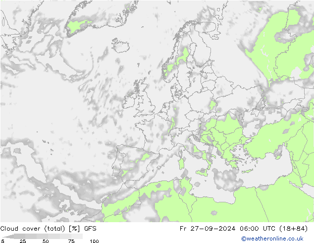 Cloud cover (total) GFS Fr 27.09.2024 06 UTC