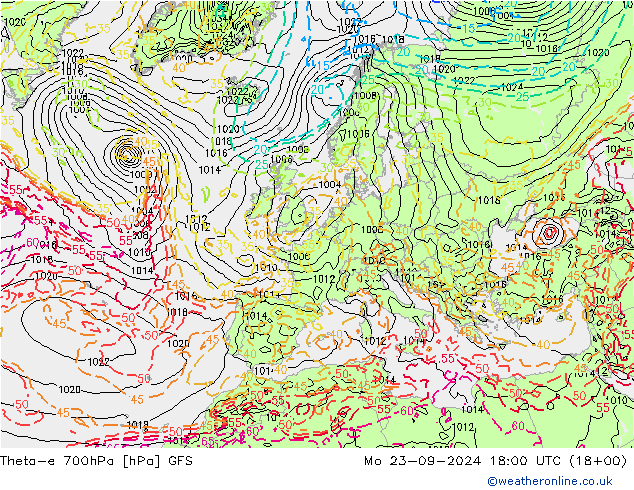 Theta-e 700hPa GFS Mo 23.09.2024 18 UTC