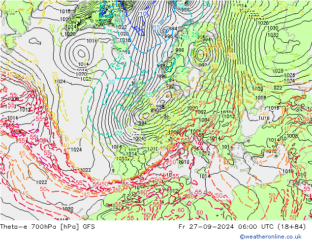 Theta-e 700hPa GFS ven 27.09.2024 06 UTC