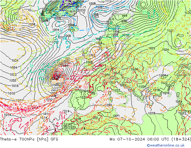 Theta-e 700hPa GFS lun 07.10.2024 06 UTC