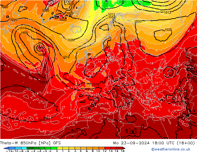 Theta-W 850hPa GFS Mo 23.09.2024 18 UTC