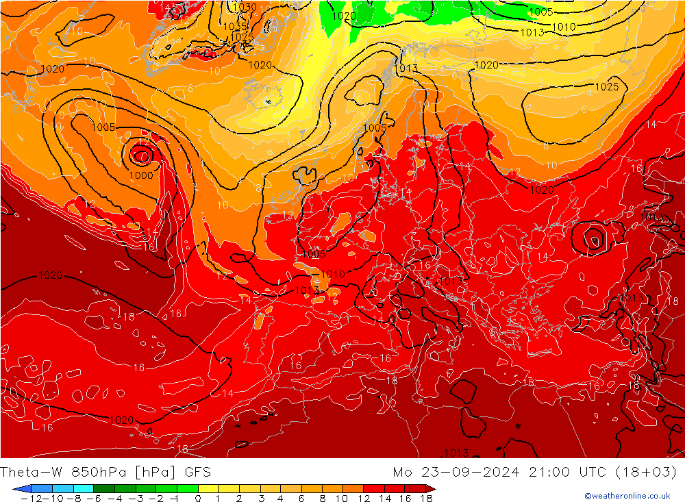 Theta-W 850гПа GFS пн 23.09.2024 21 UTC