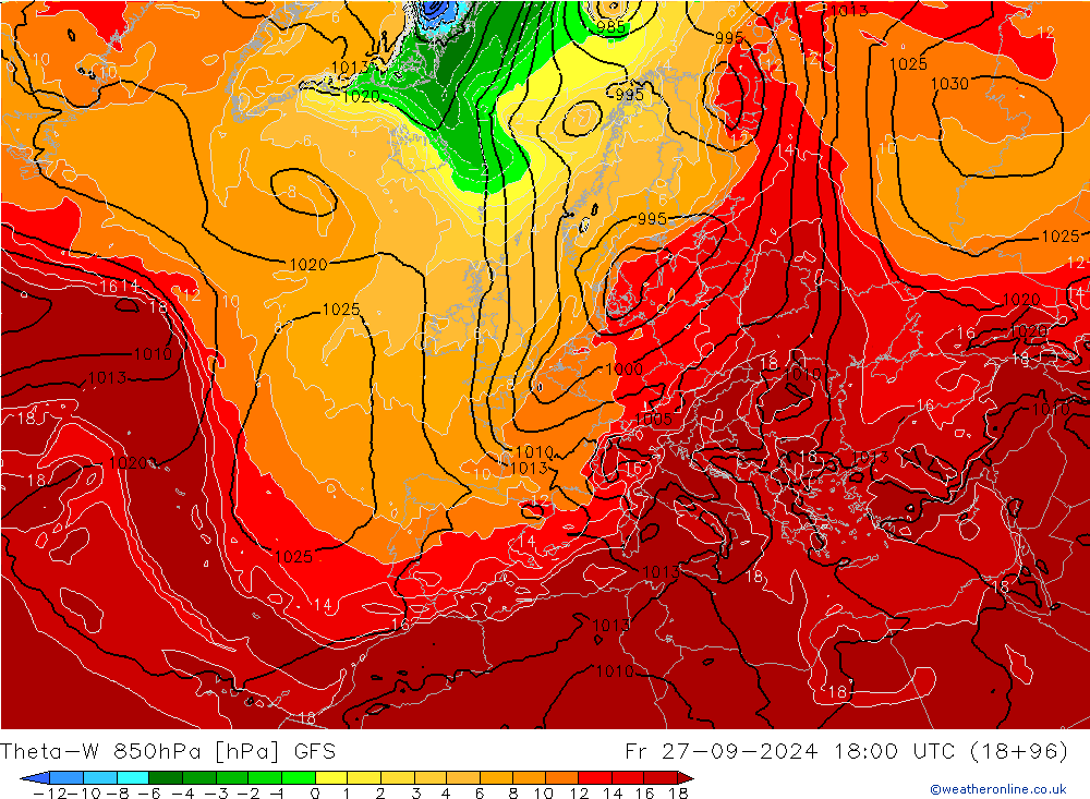 Theta-W 850hPa GFS Fr 27.09.2024 18 UTC