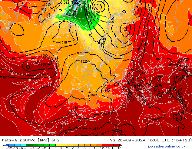 Theta-W 850hPa GFS so. 28.09.2024 18 UTC