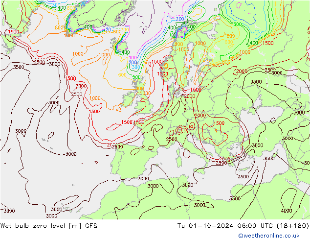 Theta-W Isotherme 0° GFS mar 01.10.2024 06 UTC