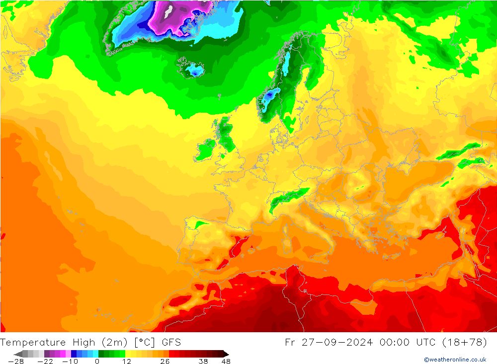 Max. Temperatura (2m) GFS pt. 27.09.2024 00 UTC