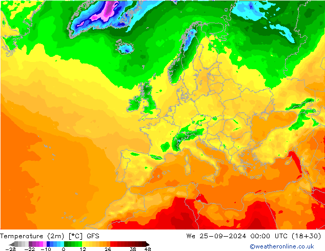 Temperatuurkaart (2m) GFS wo 25.09.2024 00 UTC