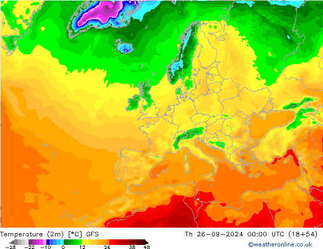 Temperature (2m) GFS Th 26.09.2024 00 UTC