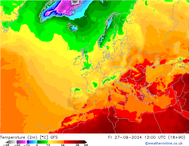 Temperature (2m) GFS Fr 27.09.2024 12 UTC