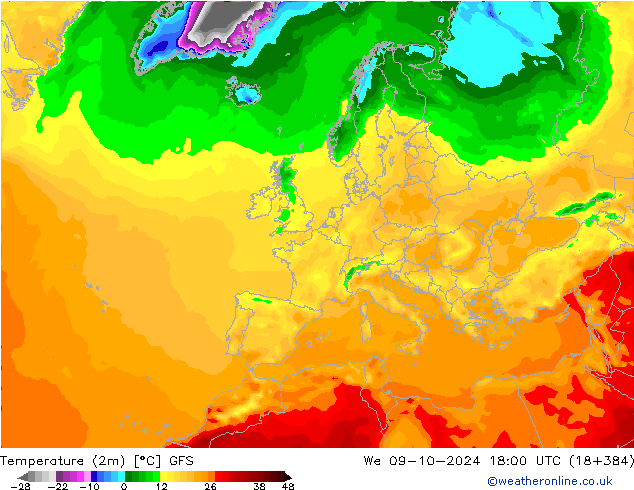 Temperaturkarte (2m) GFS Mi 09.10.2024 18 UTC