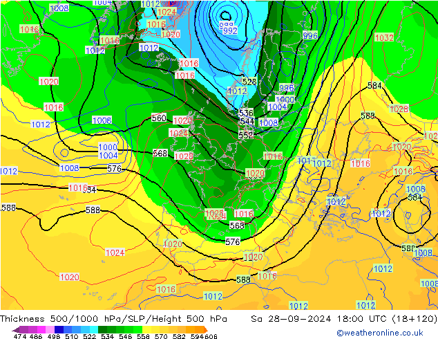 Dikte 500-1000hPa GFS za 28.09.2024 18 UTC