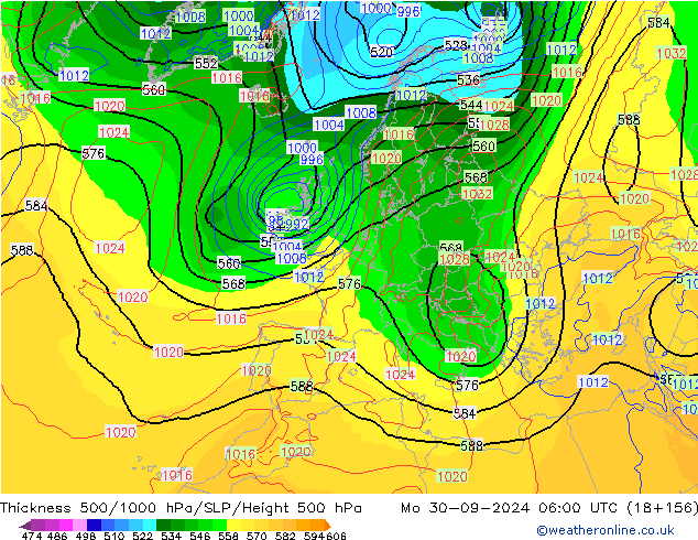 Dikte 500-1000hPa GFS ma 30.09.2024 06 UTC