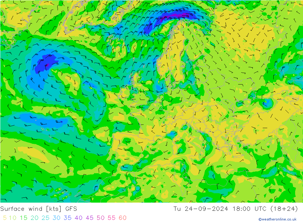 Surface wind GFS Tu 24.09.2024 18 UTC