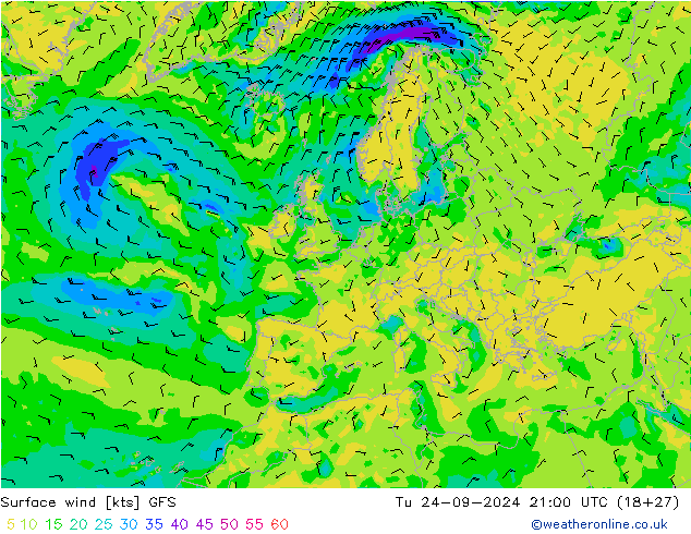 Surface wind GFS Tu 24.09.2024 21 UTC