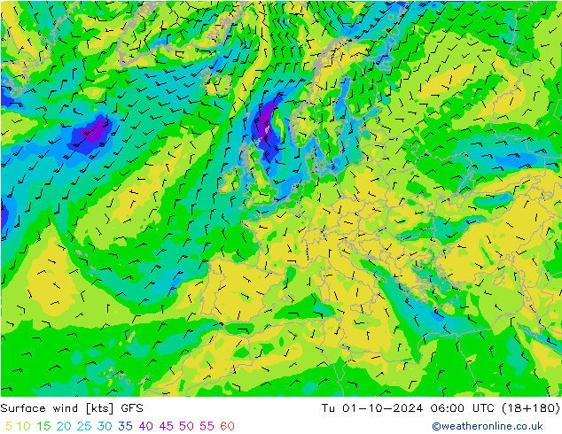 Bodenwind GFS Di 01.10.2024 06 UTC