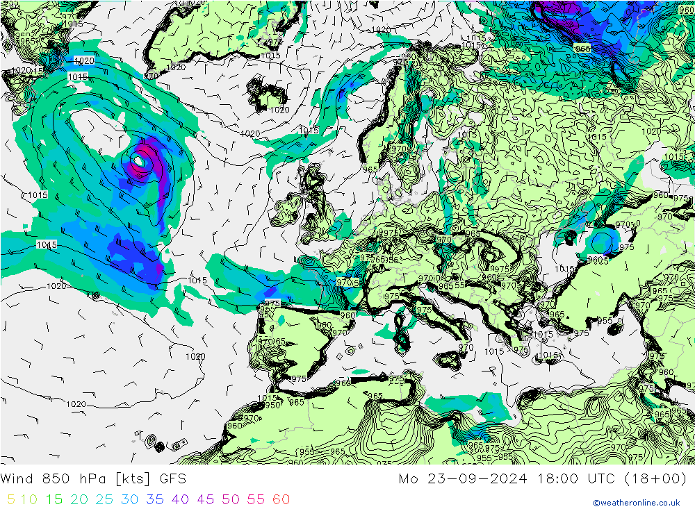 Wind 850 hPa GFS Mo 23.09.2024 18 UTC