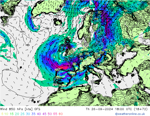 Wind 850 hPa GFS Th 26.09.2024 18 UTC