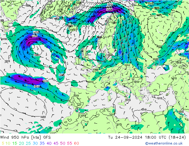 Vento 950 hPa GFS mar 24.09.2024 18 UTC