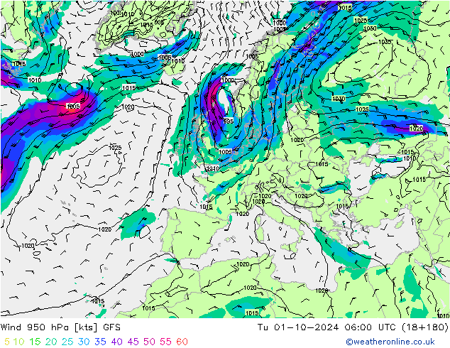 Vento 950 hPa GFS Ter 01.10.2024 06 UTC