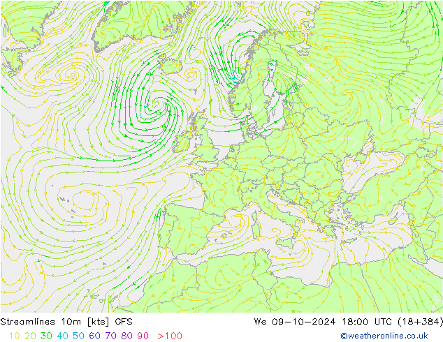 Linha de corrente 10m GFS Qua 09.10.2024 18 UTC